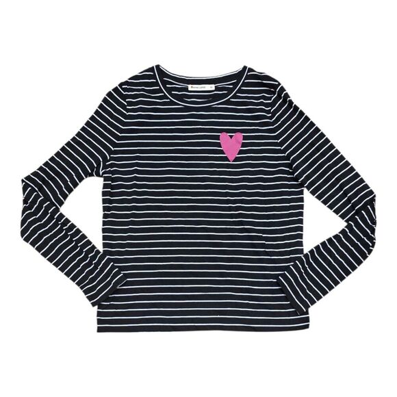 Marine Layer Black Striped Heart Long Sleeve Chloe Tee XS - Picture 2 of 5